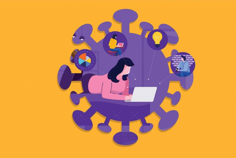 Illustrations concept coronavirus COVID-19. The company allows employees to work from home to avoid viruses. Vector illustrate.
