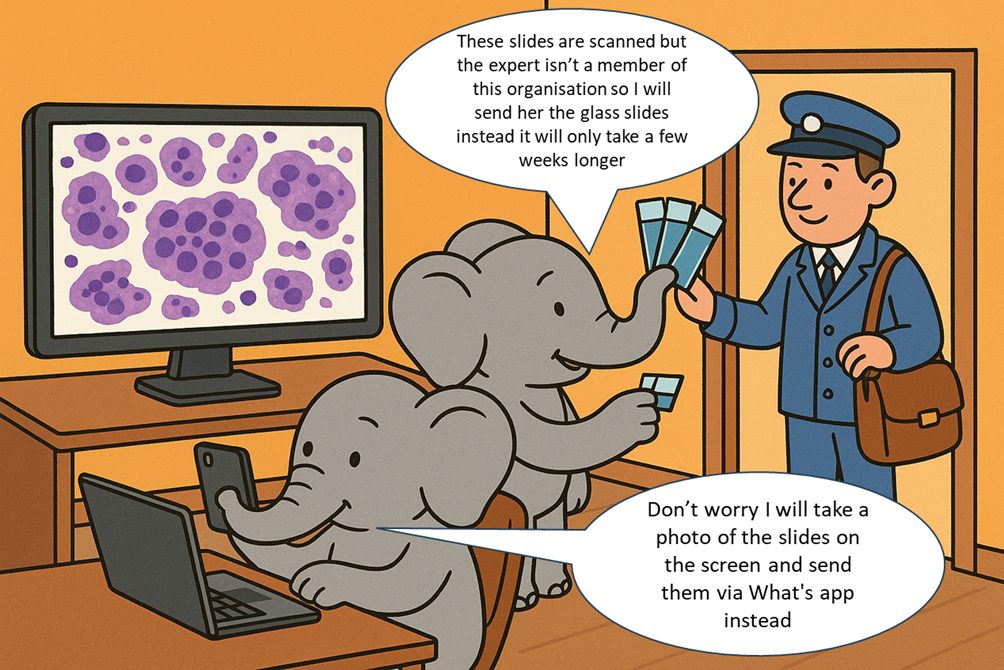“Elephants in the room”. Unless the remote expert is part of the same organisation, even when using the same digital pathology system it can be impossible to send digital slides for them to review. Does this defeat the object of using digital pathology?