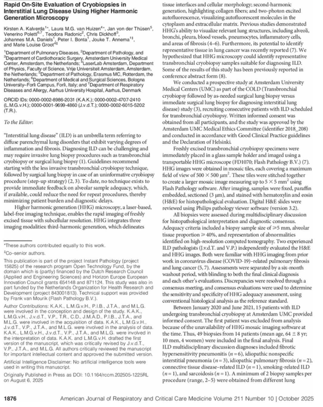 Rapid On-Site Evaluation of Cryobiopsies in Interstitial Lung Disease Using Higher Harmonic Generation Microscopy