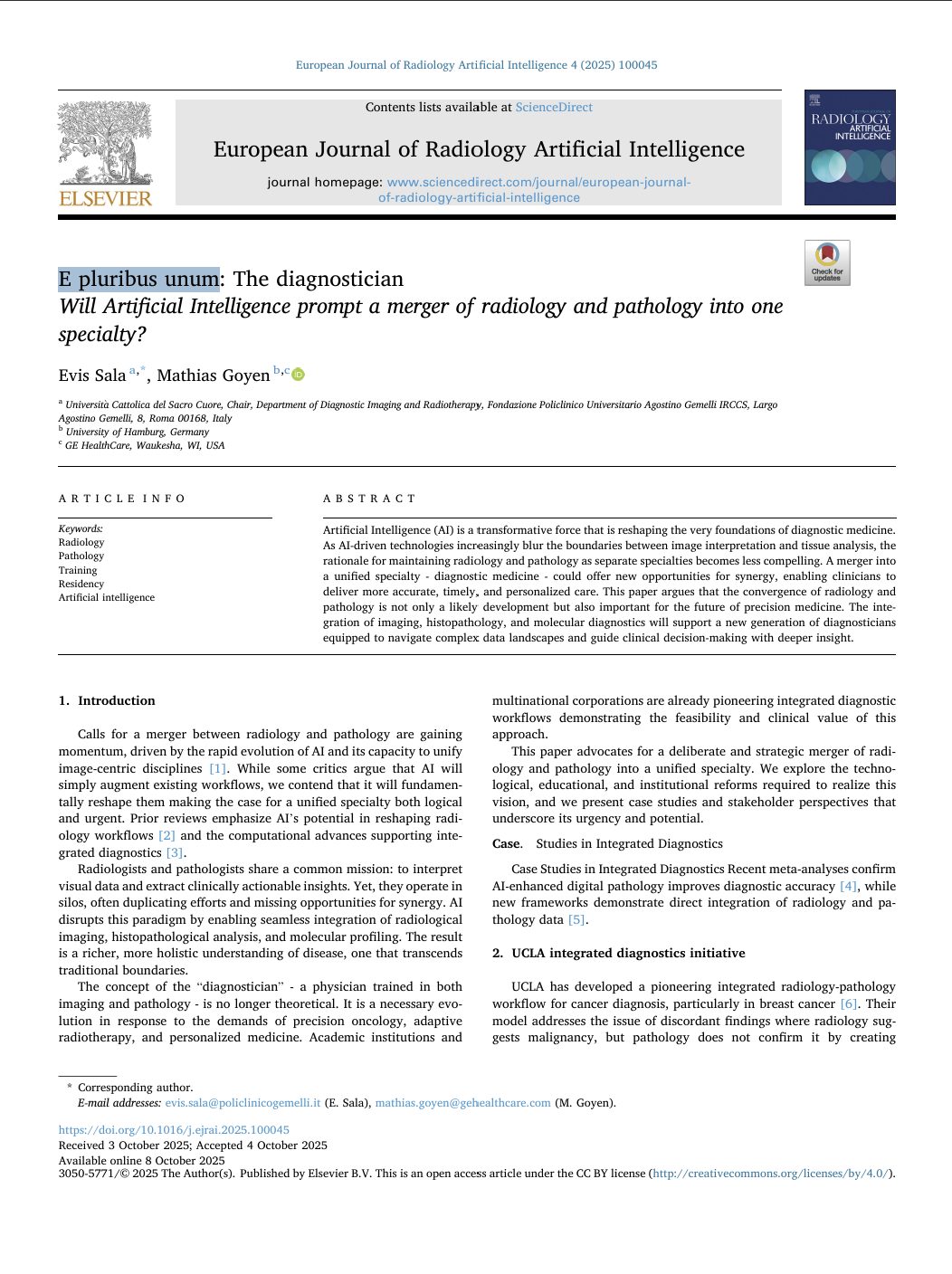 E pluribus unum: The diagnostician Will Artificial Intelligence prompt a merger of radiology and pathology into one specialty?