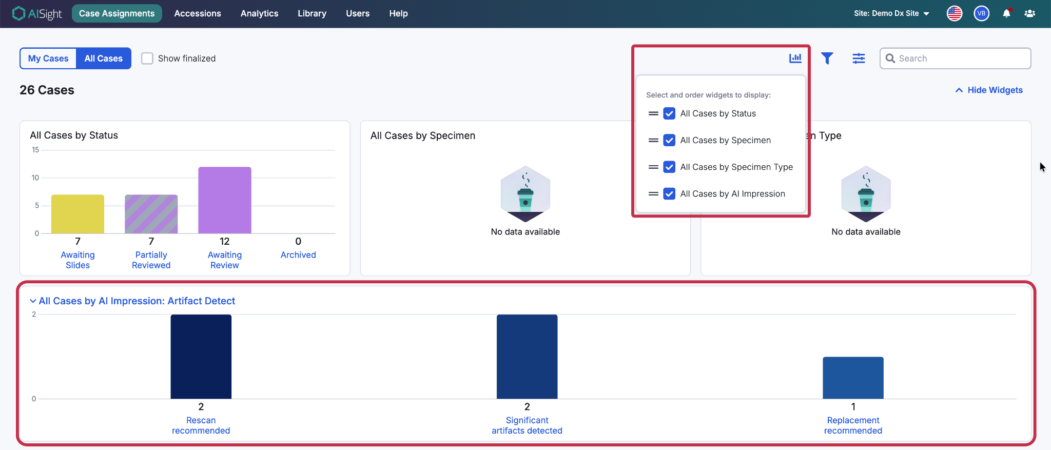 Figure 1: Case assignments dashboard with new widget and widget customization icon